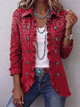 Women's Pleated Lapel Blazer Jacket, Solid Colour Ruffled