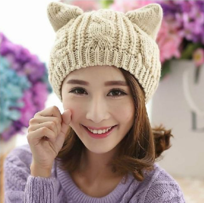 Handmade 3D Knitted Cat Ear Beanie Hat for Winter in Eight Colours