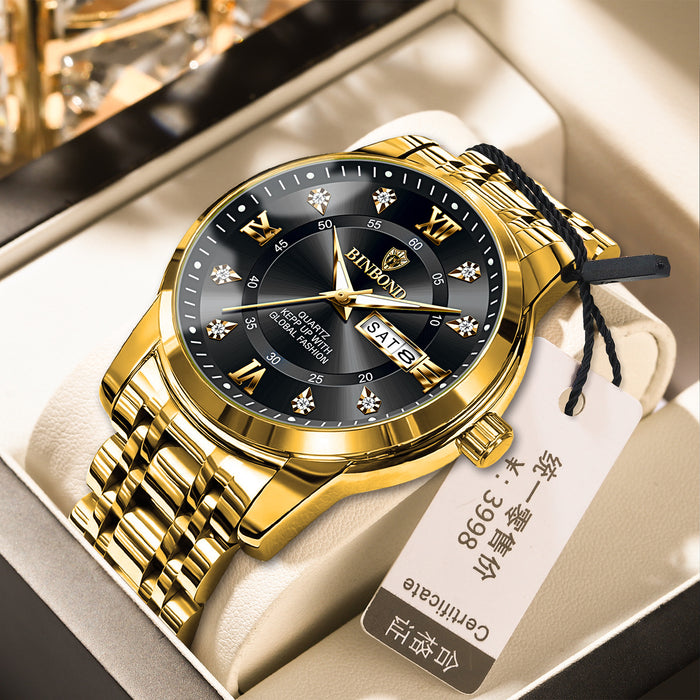 Light-Luxury Business Quartz Watch For Men In Steel And Gold