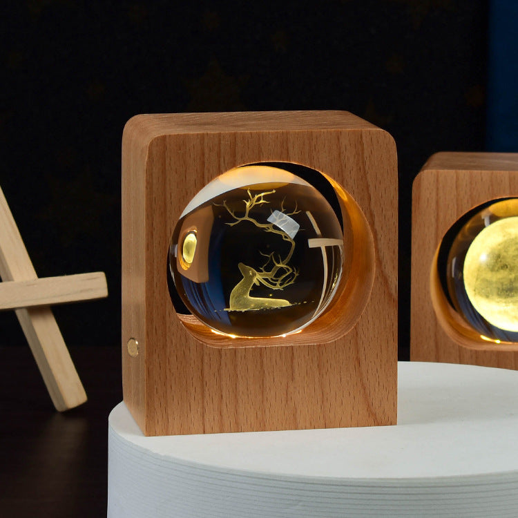3D Engraved Crystal Ball Night Light with Beech Wood Base