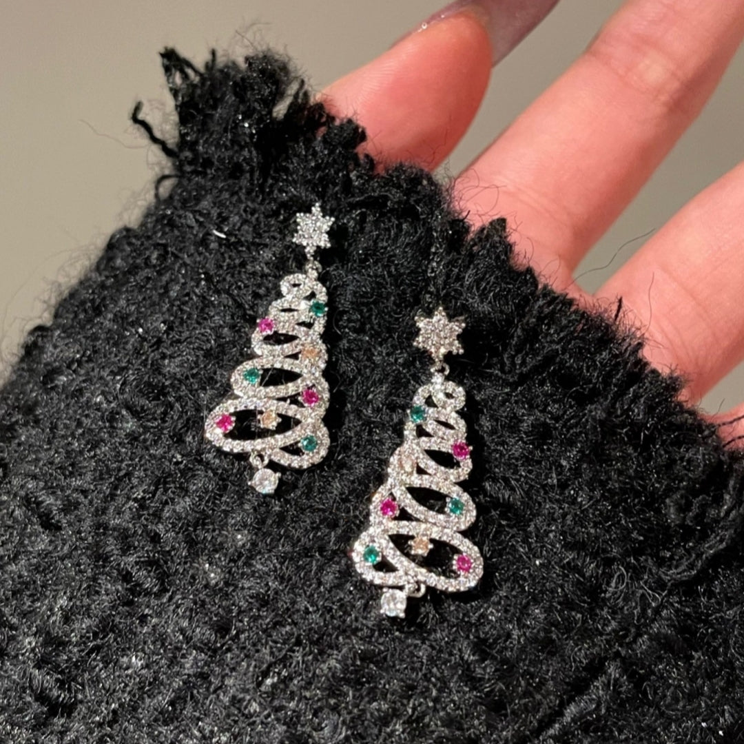Full Inlaid Colourful Zircon Christmas Tree Tassel Earrings