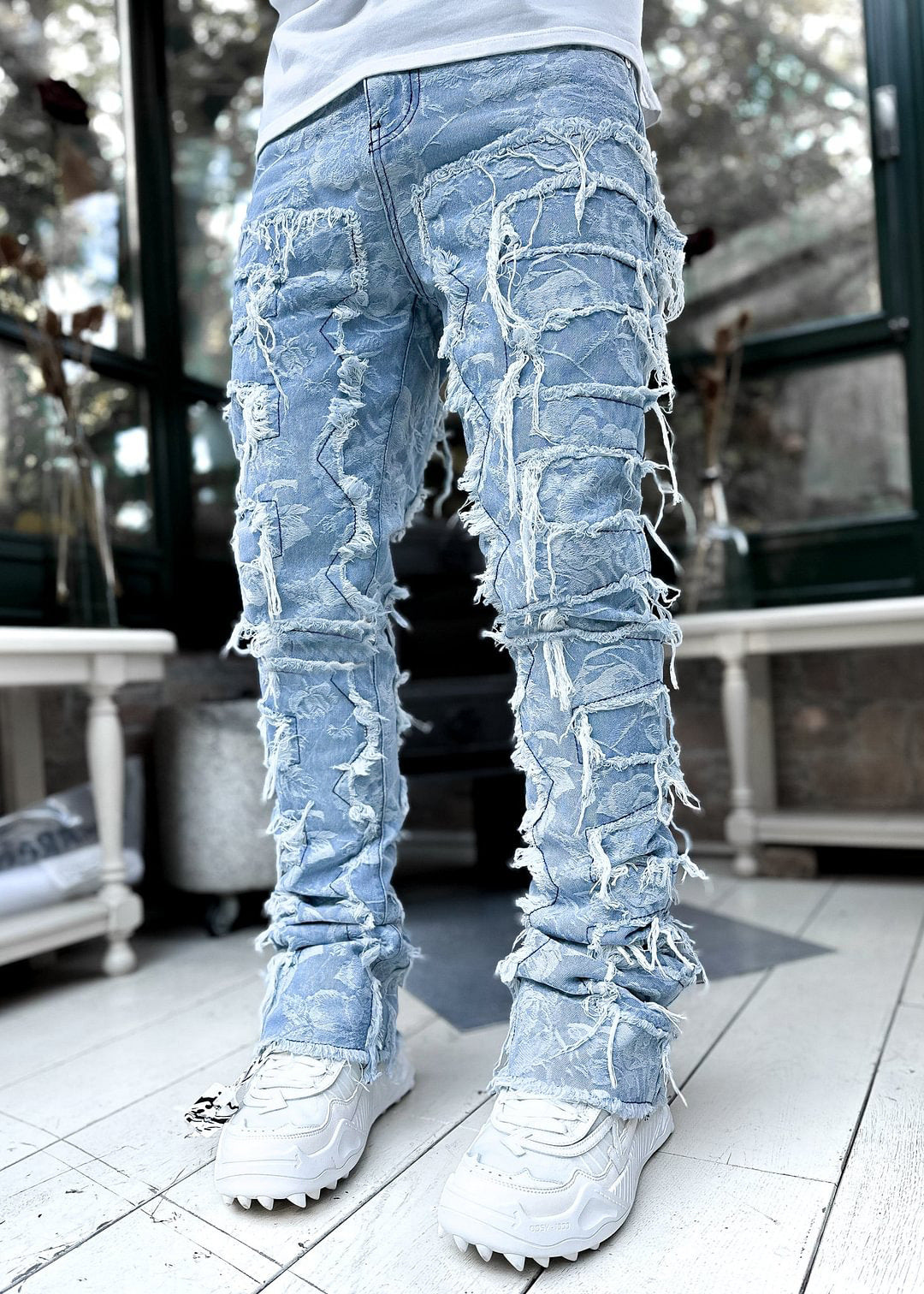 Men's Ripped Fringe Patched Jeans in a Slim Stacked Fit