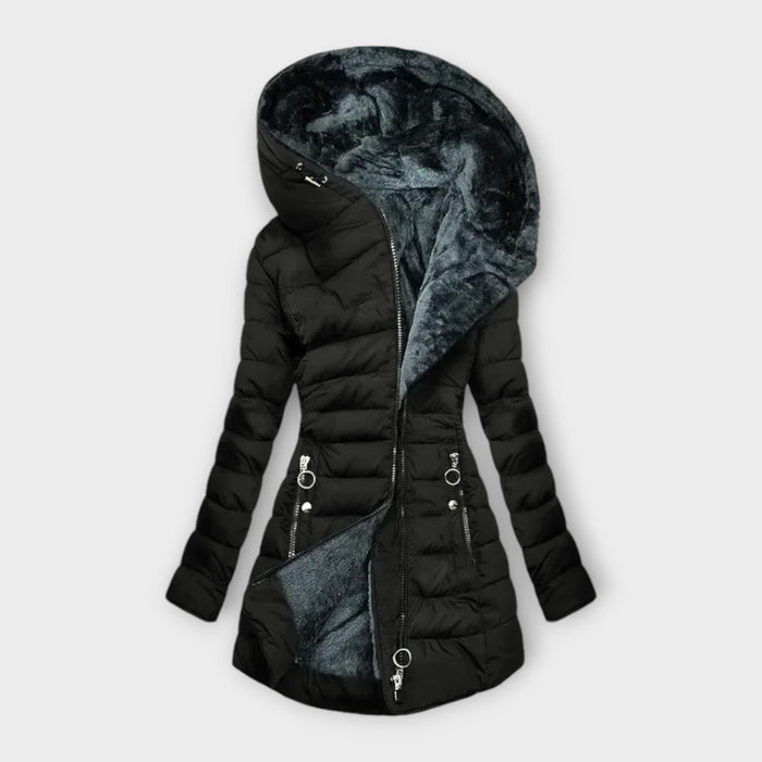 Cappotto trapuntato imbottito con cappuccio e fodera in peluche da donna