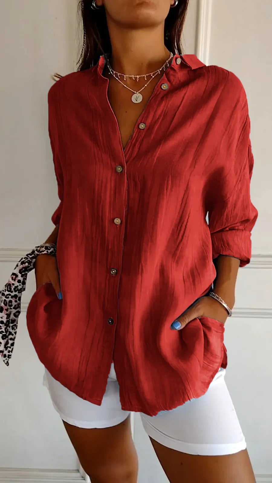 Women's Pleated Single-Breasted Lapel Shirt, Loose Fit, XS to 5XL