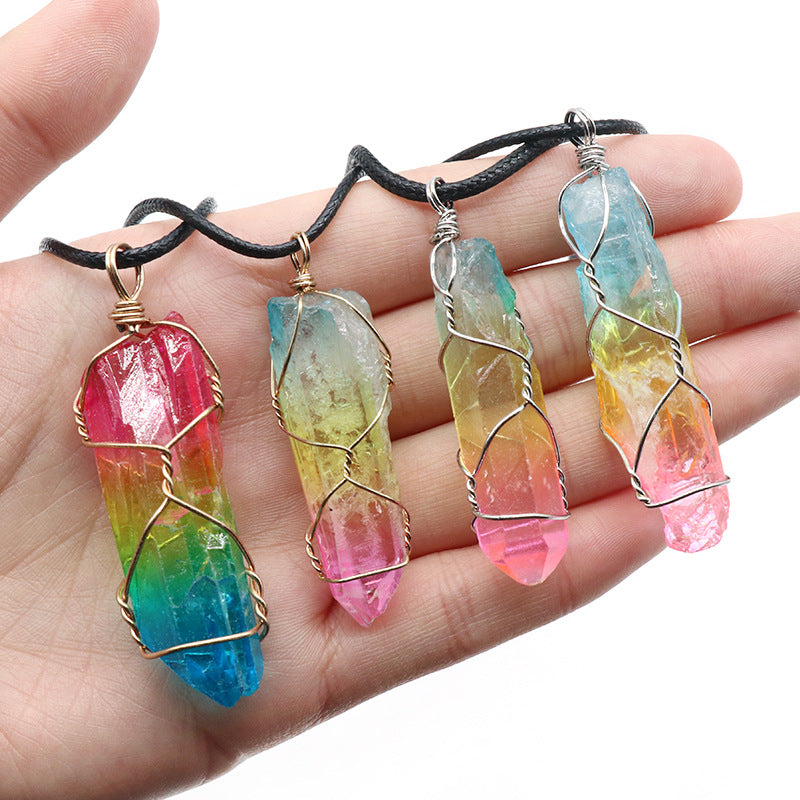 Natural Stone Crystal Pillar Tree Of Life Pendant Necklace