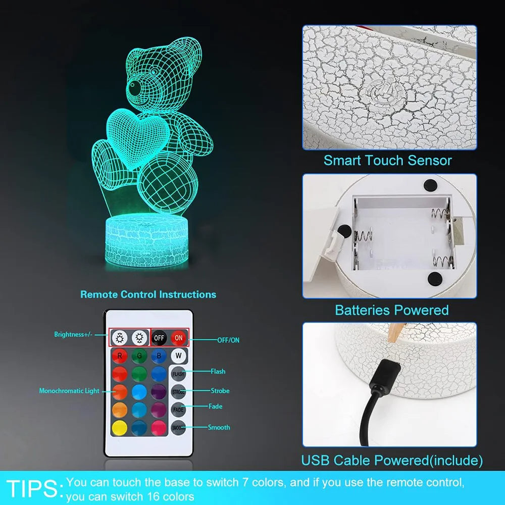 3D Acrylic USB LED Night Light with Touch or Remote Colours