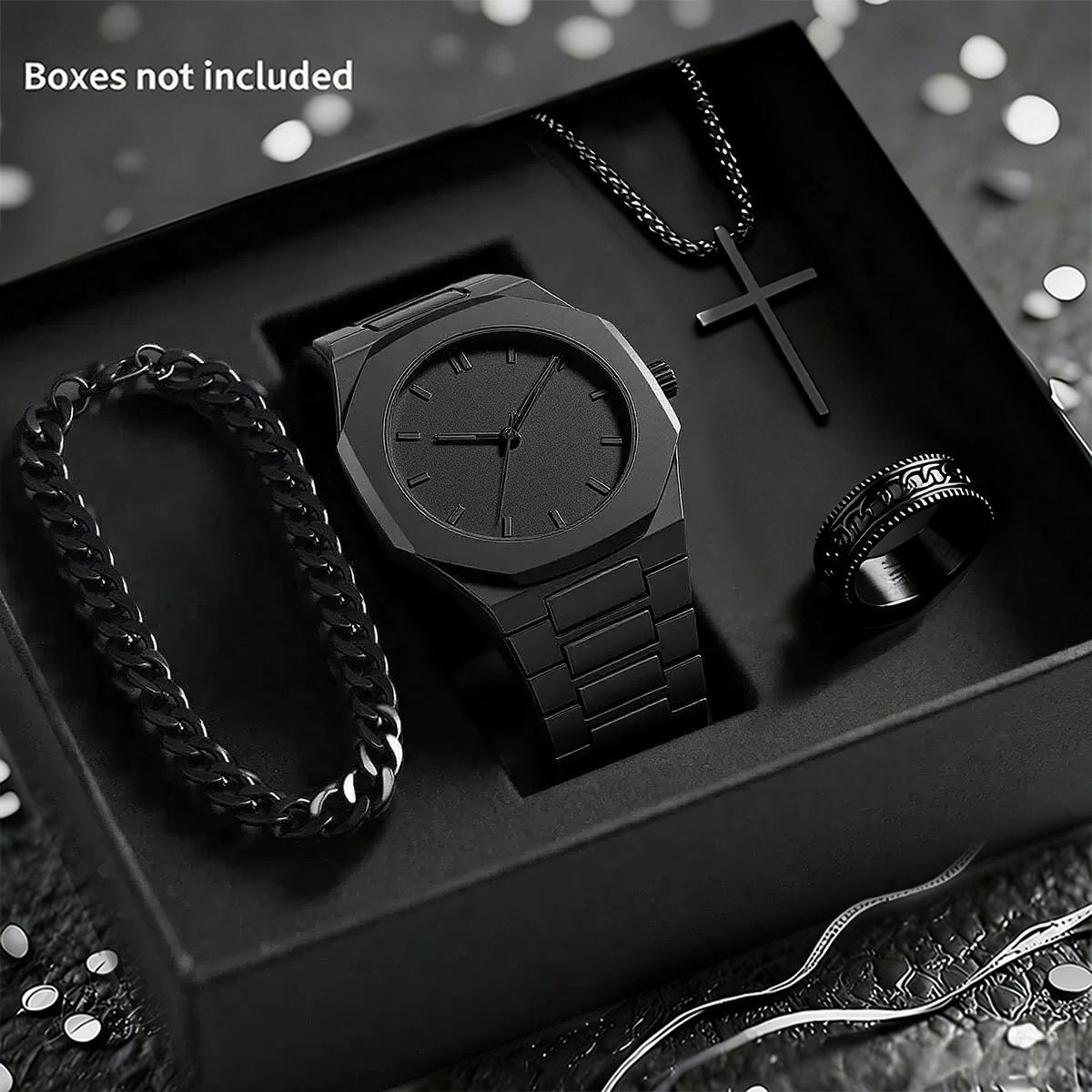 Men's Quartz Watch with Necklace, Bracelet and Ring Gift Set
