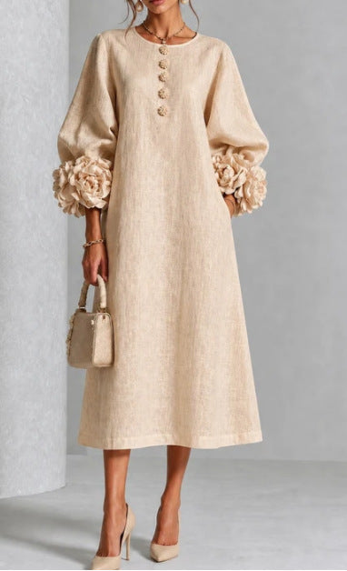 Floral Puff Sleeve A-Line Dress With 3D Flowers For Parties