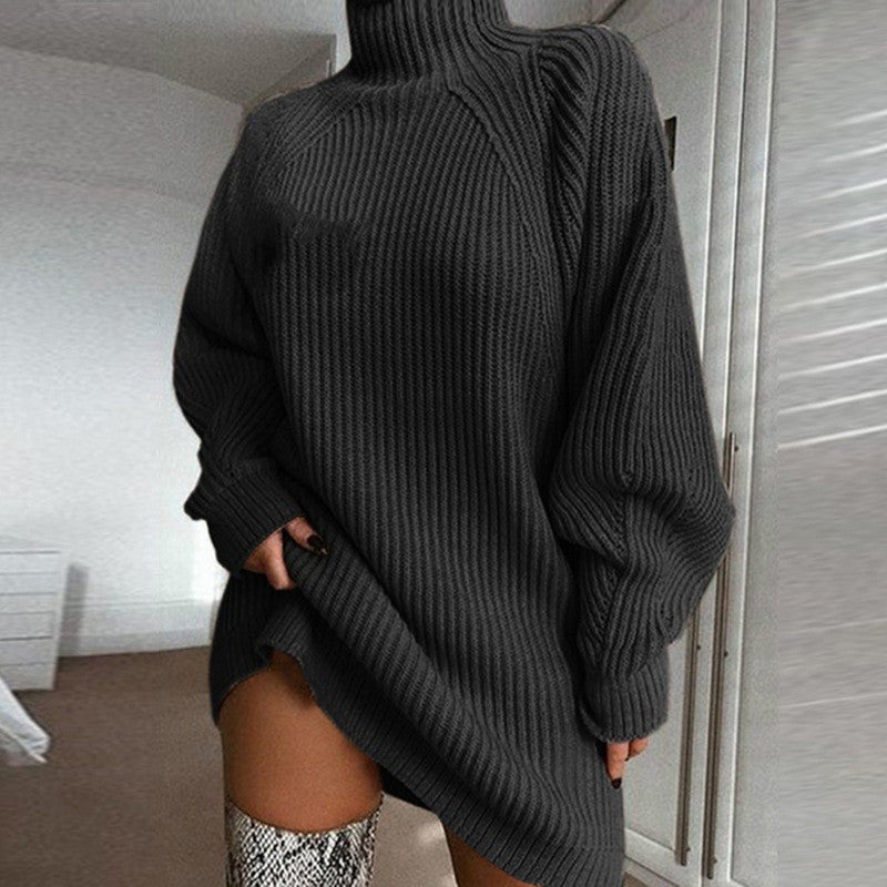 Warm Solid Turtleneck Long Sweater Dress For Women, Winter