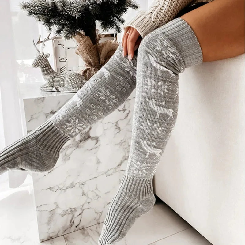 Warm Knitted Christmas Stockings for Women with Elk Snowflake Design