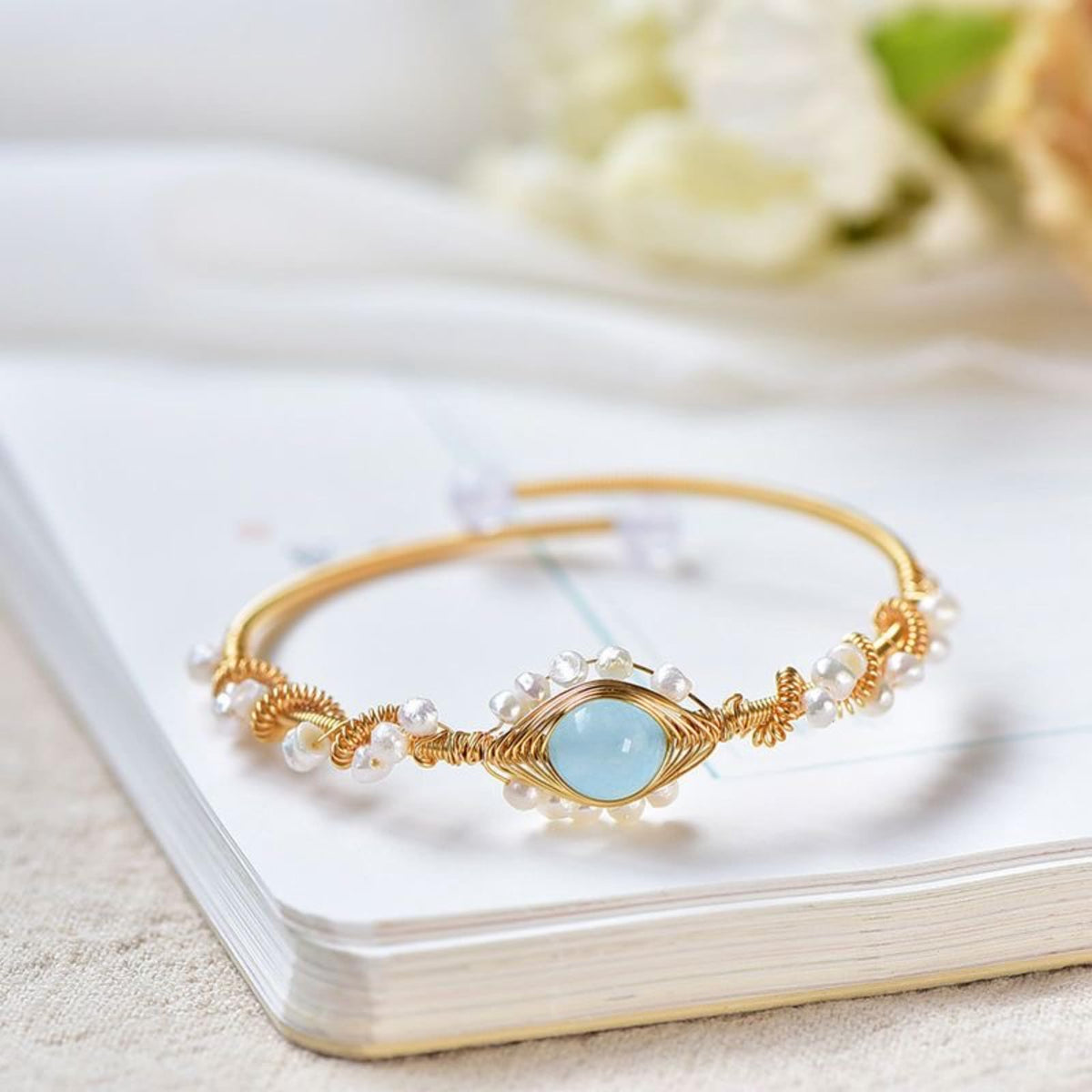 Gold Plated Pearl Bracelet for Women, Braided Wire Charm Bracelet