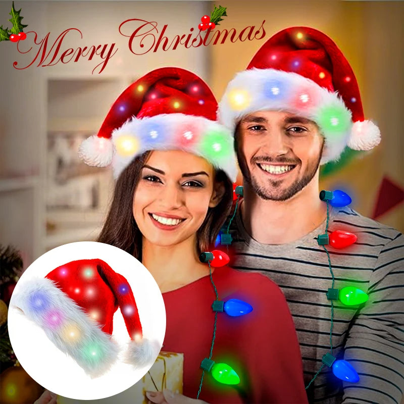 Christmas Hat with LED Lights Plush for Kids and Adults