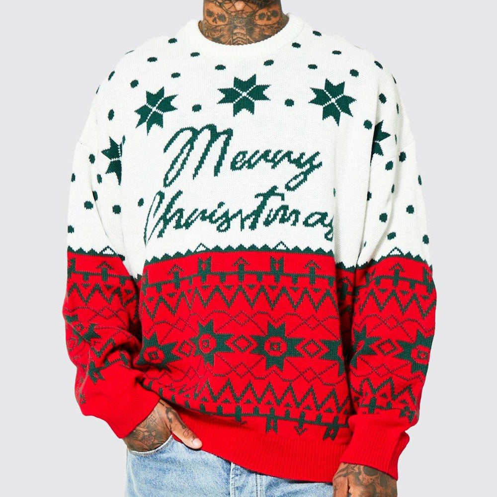 Men's Knitted Jacquard Pullover Sweater with Round Neck