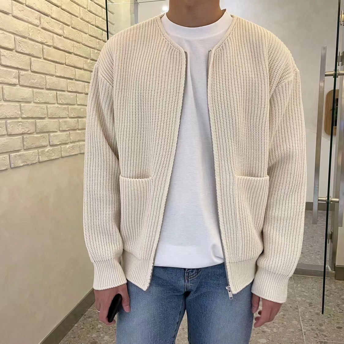 Men's Zip-Up Knitted Cardigan Jumper with Funnel Neck and Pockets