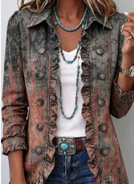 Women's Pleated Lapel Blazer Jacket, Solid Colour Ruffled