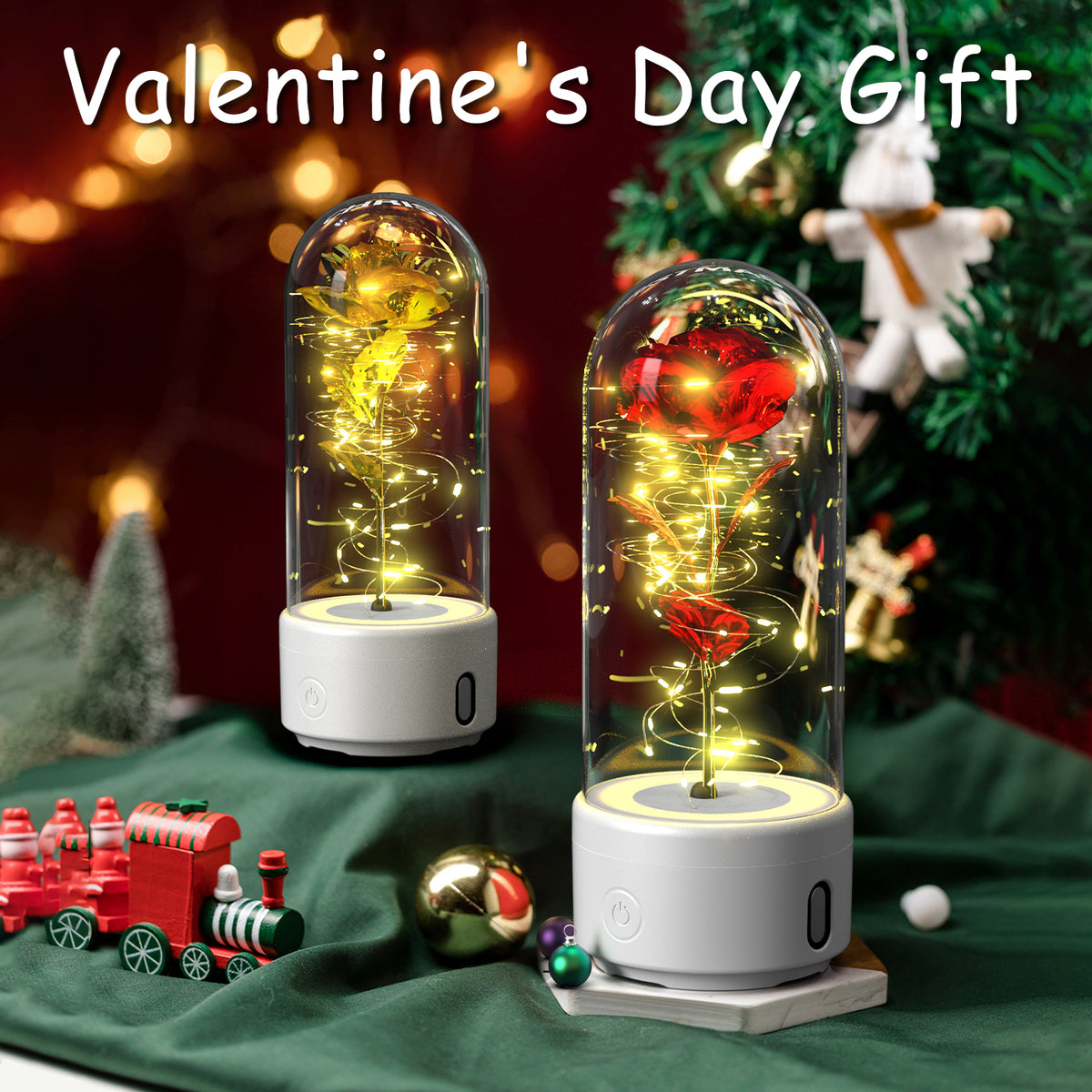 Rose Flower LED Night Light With Bluetooth Speaker In Glass Dome