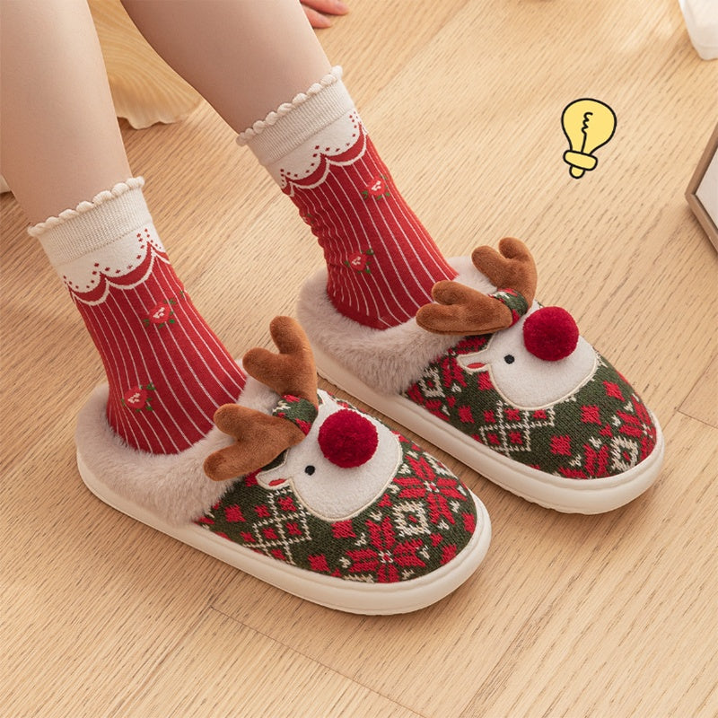 Cute Christmas Elk Plush Slippers with Non-Slip Sole