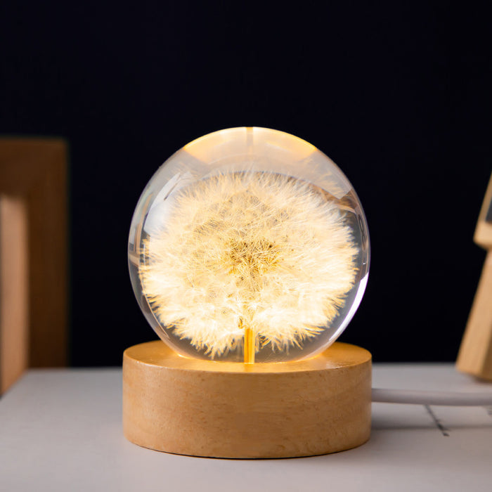Boule de cristal lumineuse avec pissenlit 3D sur socle en bois de hêtre