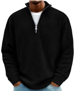 Corduroy Zip-Up Stand Collar Sweatshirt, Warm Solid Colour Top for Men