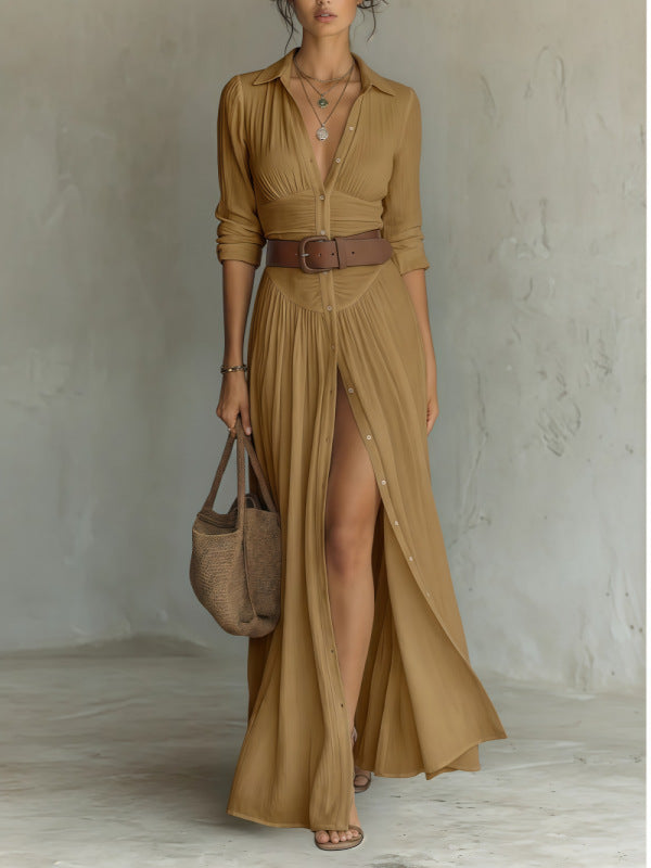 Women's V-Neck Long Dress with High Side Split, Loose Casual Maxi