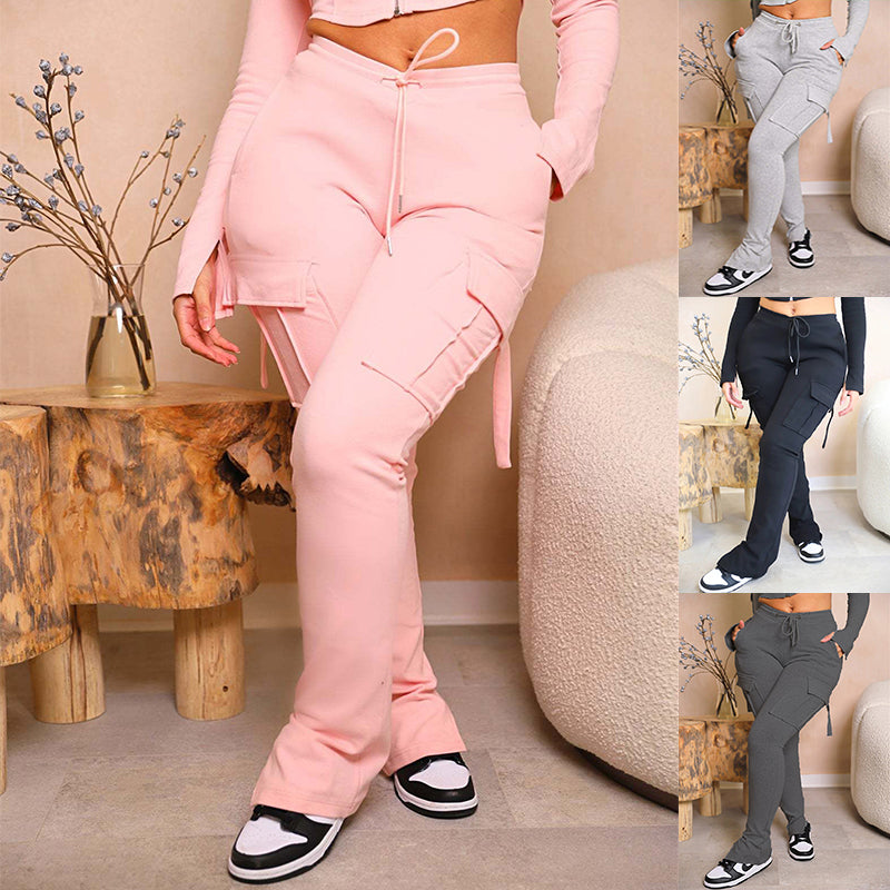 Women's High Waist Drawstring Wide Leg Cargo Trousers with Pockets