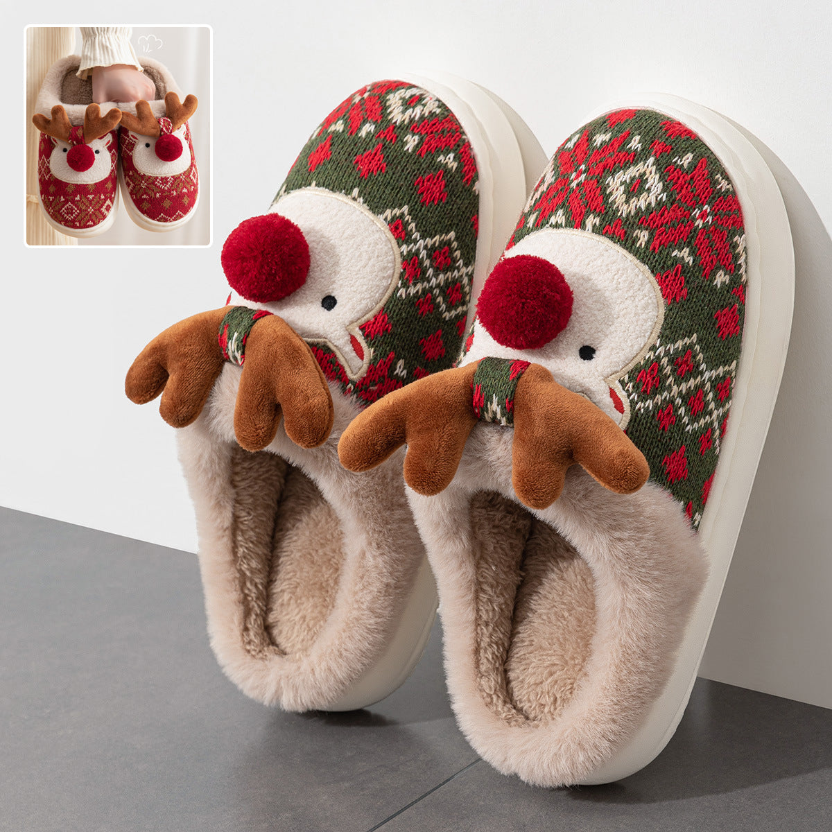 Cute Christmas Elk Plush Slippers with Non-Slip Sole
