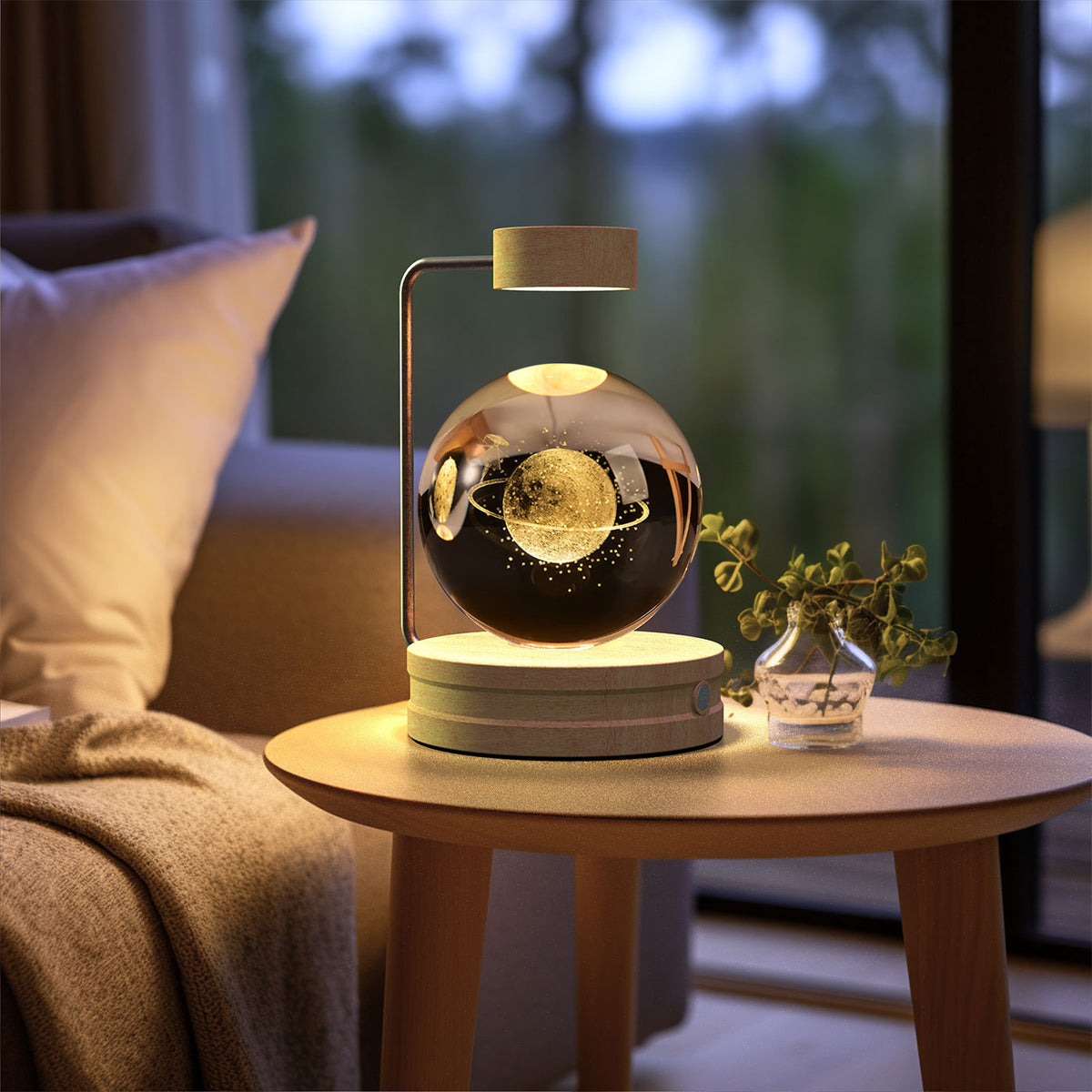 Crystal Ball Night Light With 3D Pattern On Wooden Base