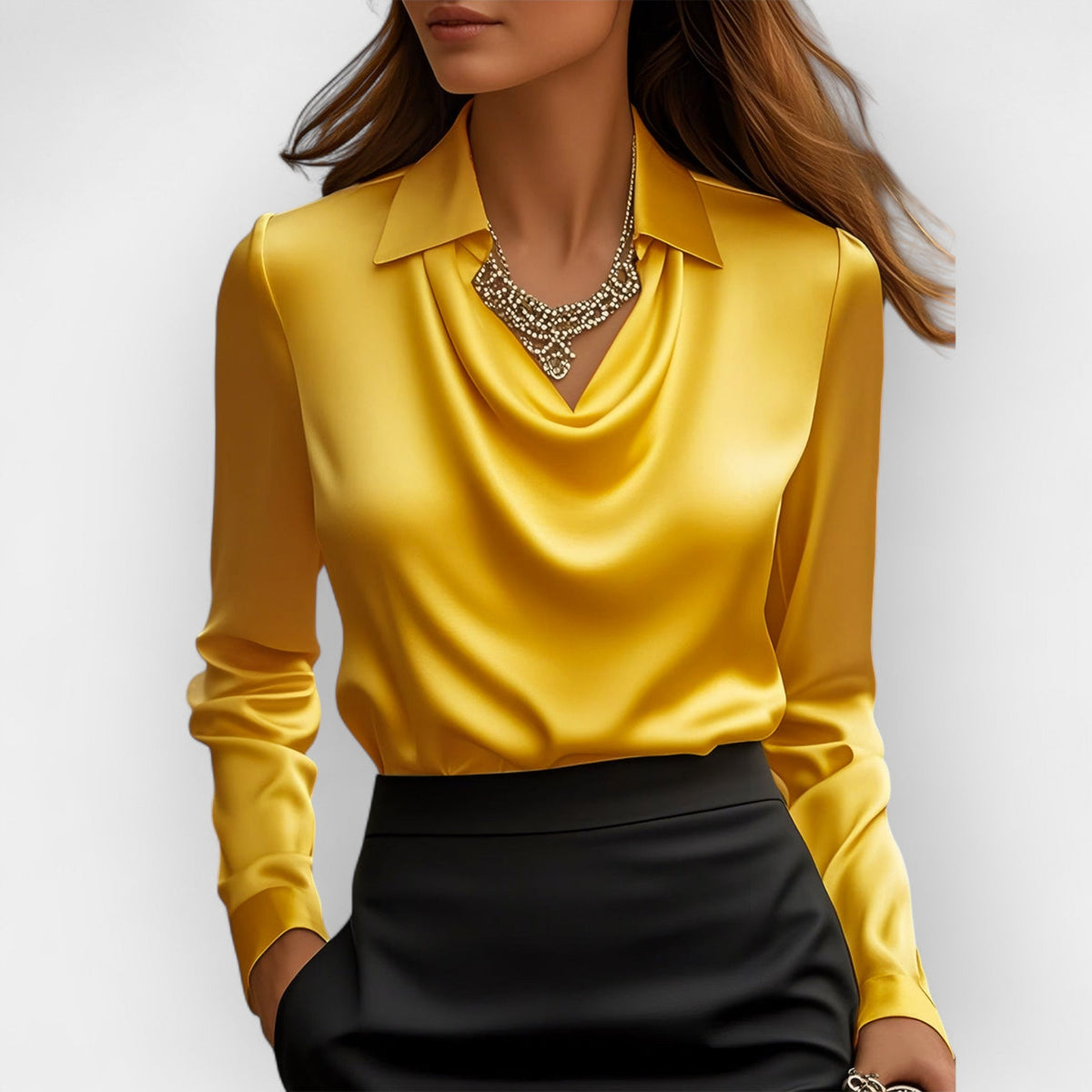 Women's Draped Swing Collar Satin Blouse with Long Sleeves