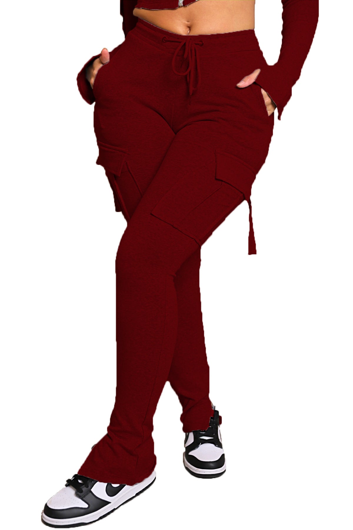 Women's High Waist Drawstring Wide Leg Cargo Trousers with Pockets