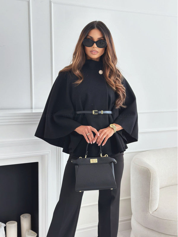 Women's Stand Collar Batwing Cloak Jacket With Belt, Woolen Look
