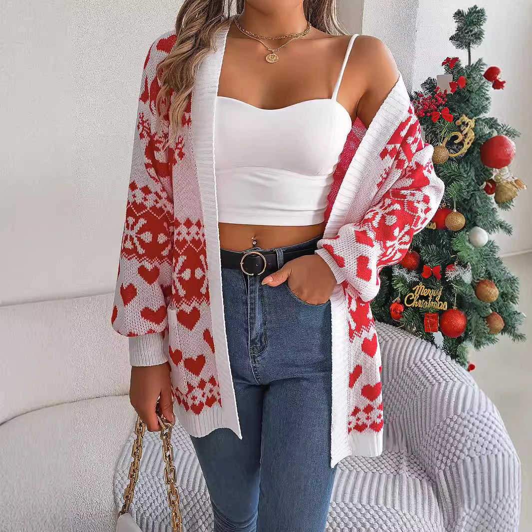 Women's Christmas Open Front Cardigan with Lantern Sleeves