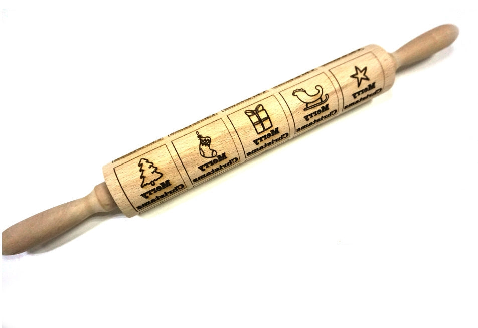 Wooden Christmas Embossing Rolling Pin for Cookies and Dough