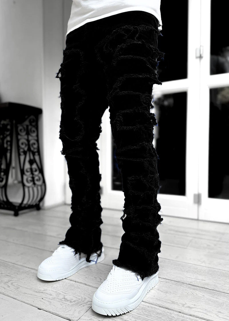 Men's Ripped Fringe Patched Jeans in a Slim Stacked Fit