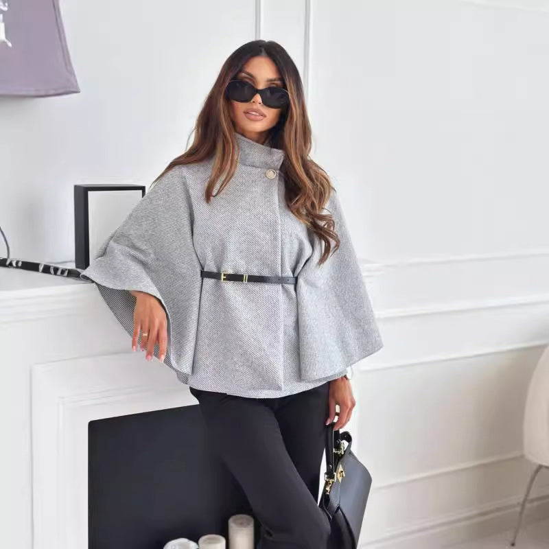 Women's Stand Collar Batwing Cloak Jacket With Belt, Woolen Look