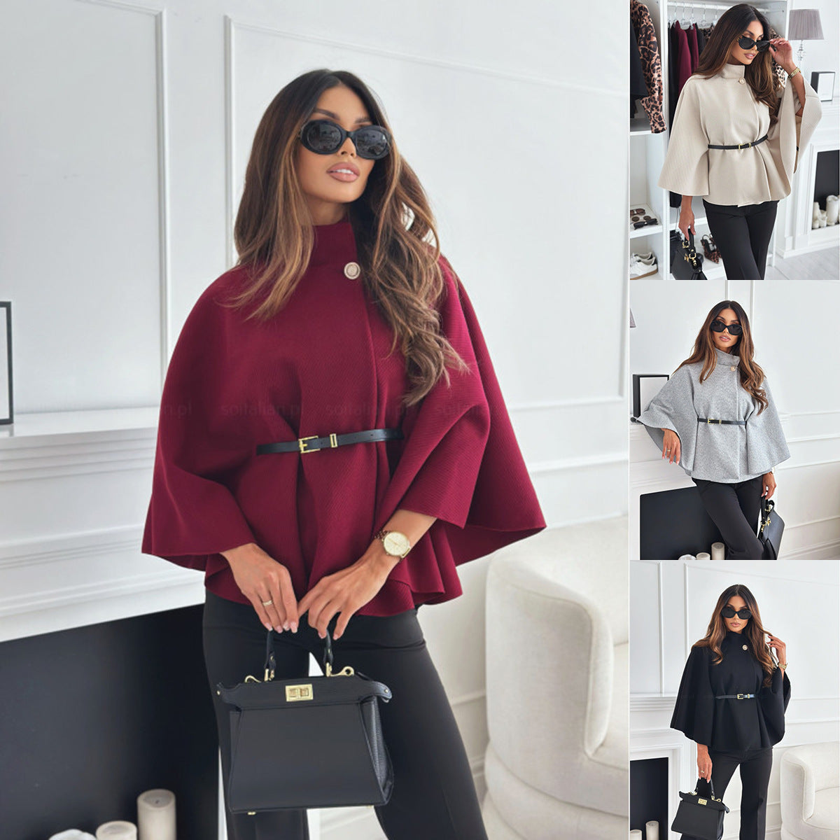 Women's Stand Collar Batwing Cloak Jacket With Belt, Woolen Look
