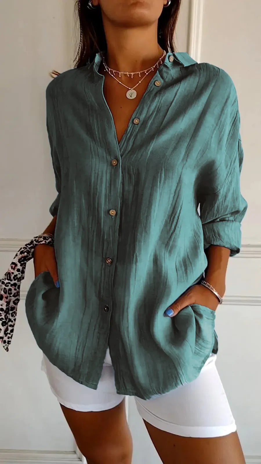 Women's Pleated Single-Breasted Lapel Shirt, Loose Fit, XS to 5XL