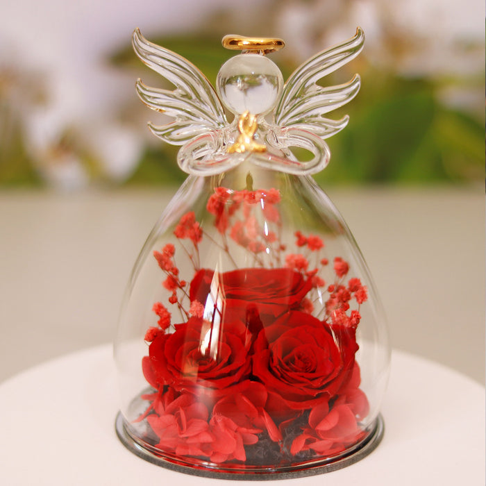 Boîte-cadeau ange à la rose éternelle avec couvercle en verre et rose séchée