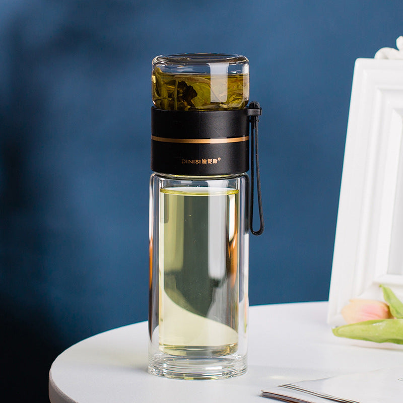 Glass Water Bottle with Tea Infuser, Double Wall Leakproof Flask