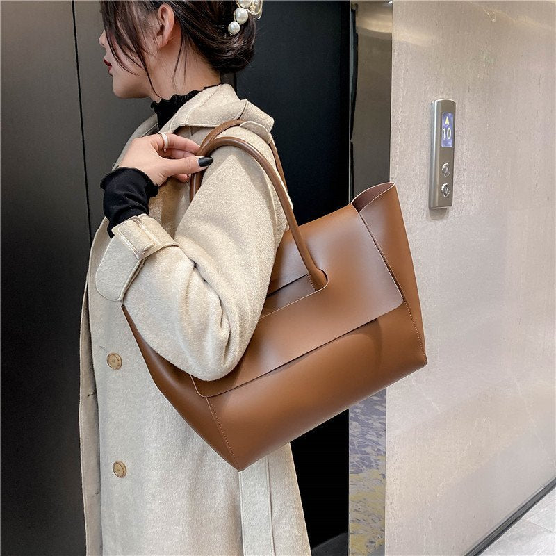Women's Large Capacity Retro Shoulder Tote Bag, Solid Colour