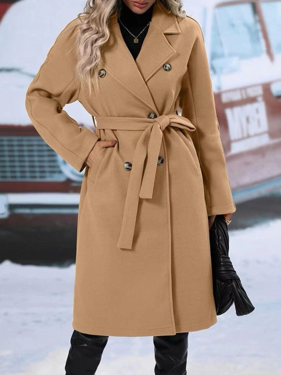 Women's Double-Breasted Trench Coat With Belt, Long Winter Jacket