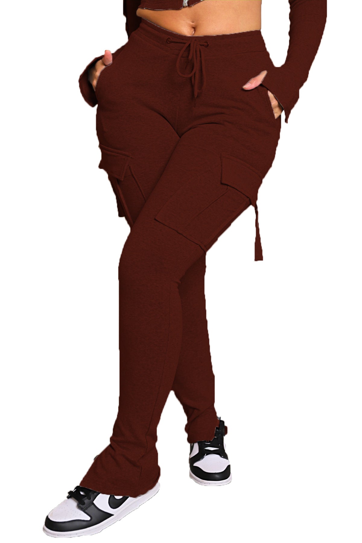 Women's High Waist Drawstring Wide Leg Cargo Trousers with Pockets