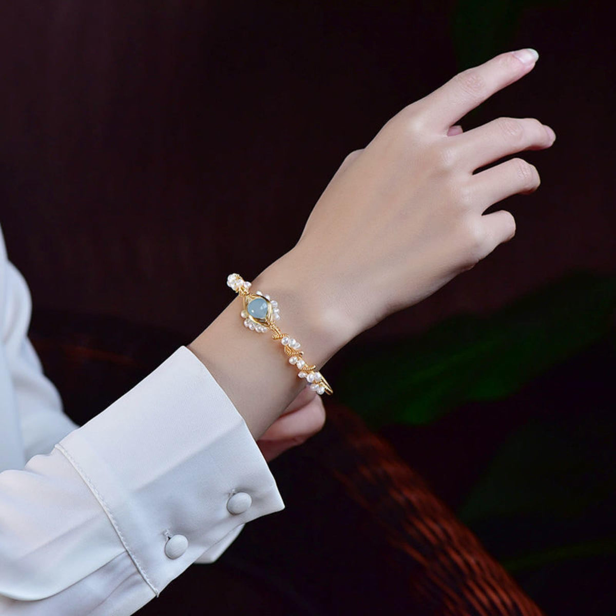 Gold Plated Pearl Bracelet for Women, Braided Wire Charm Bracelet