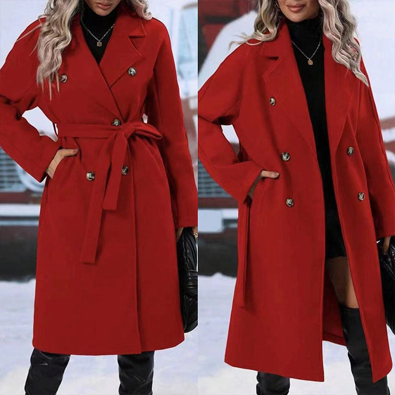 Women's Double-Breasted Trench Coat With Belt, Long Winter Jacket