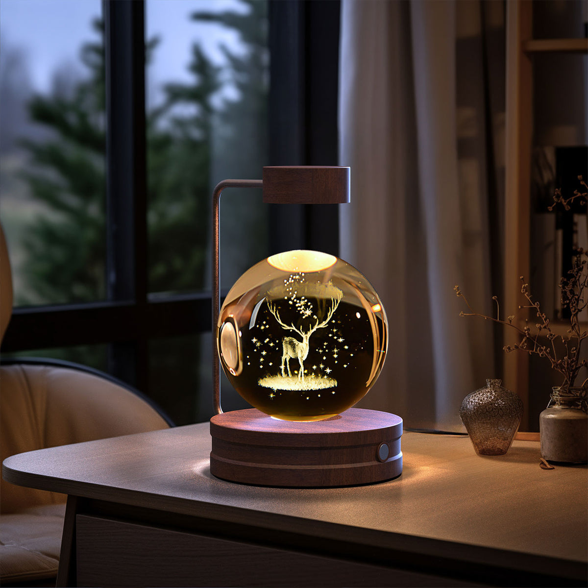 Crystal Ball Night Light With 3D Pattern On Wooden Base