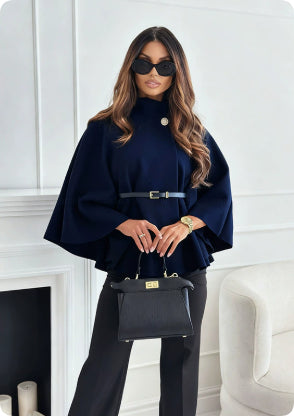 Women's Stand Collar Batwing Cloak Jacket With Belt, Woolen Look