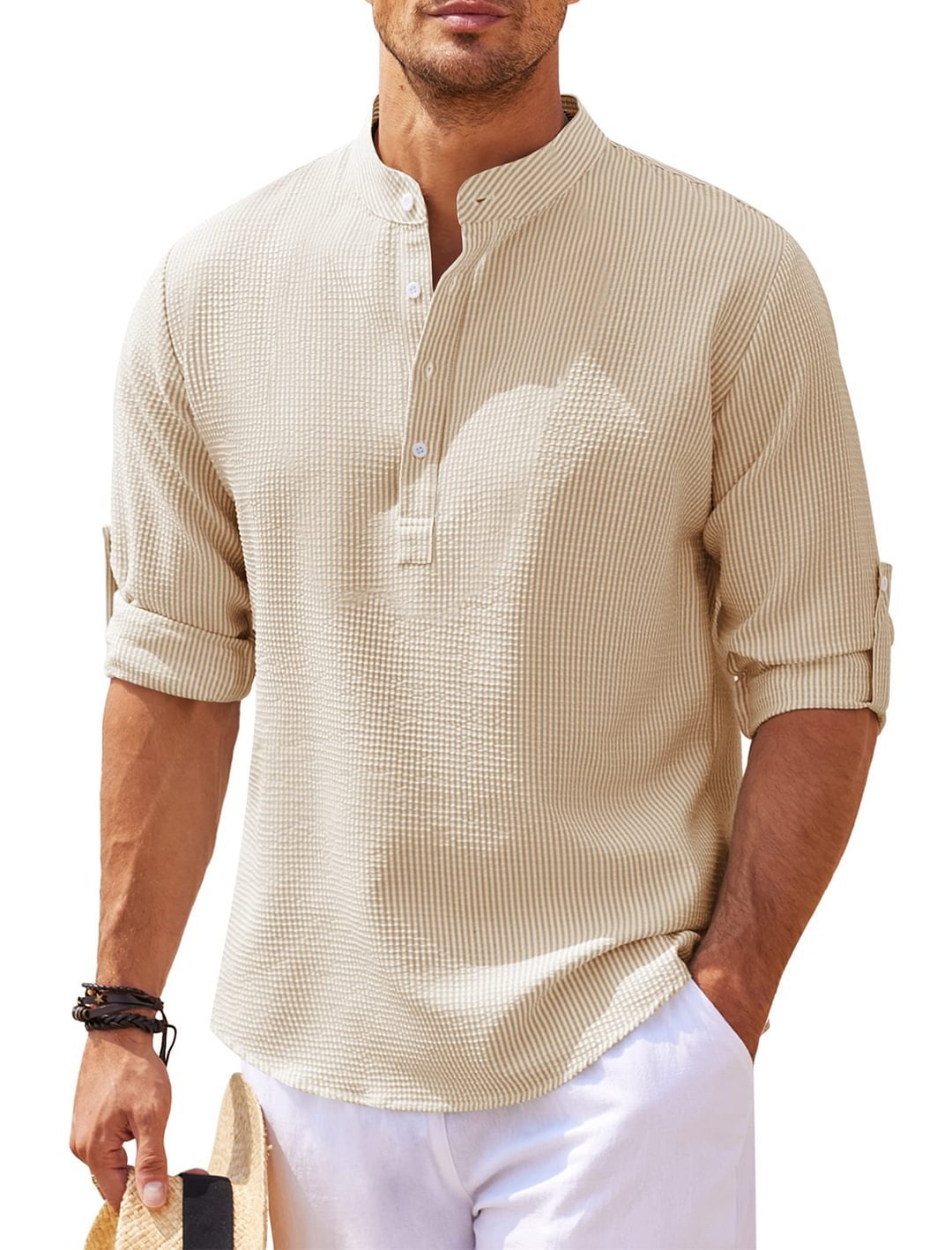 Men's Long Sleeve Stand Collar Shirt, Solid Colour Casual Top