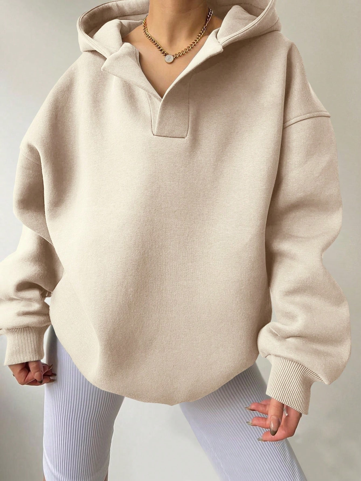 Women's Solid Colour Loose Hoodie with Long Sleeves