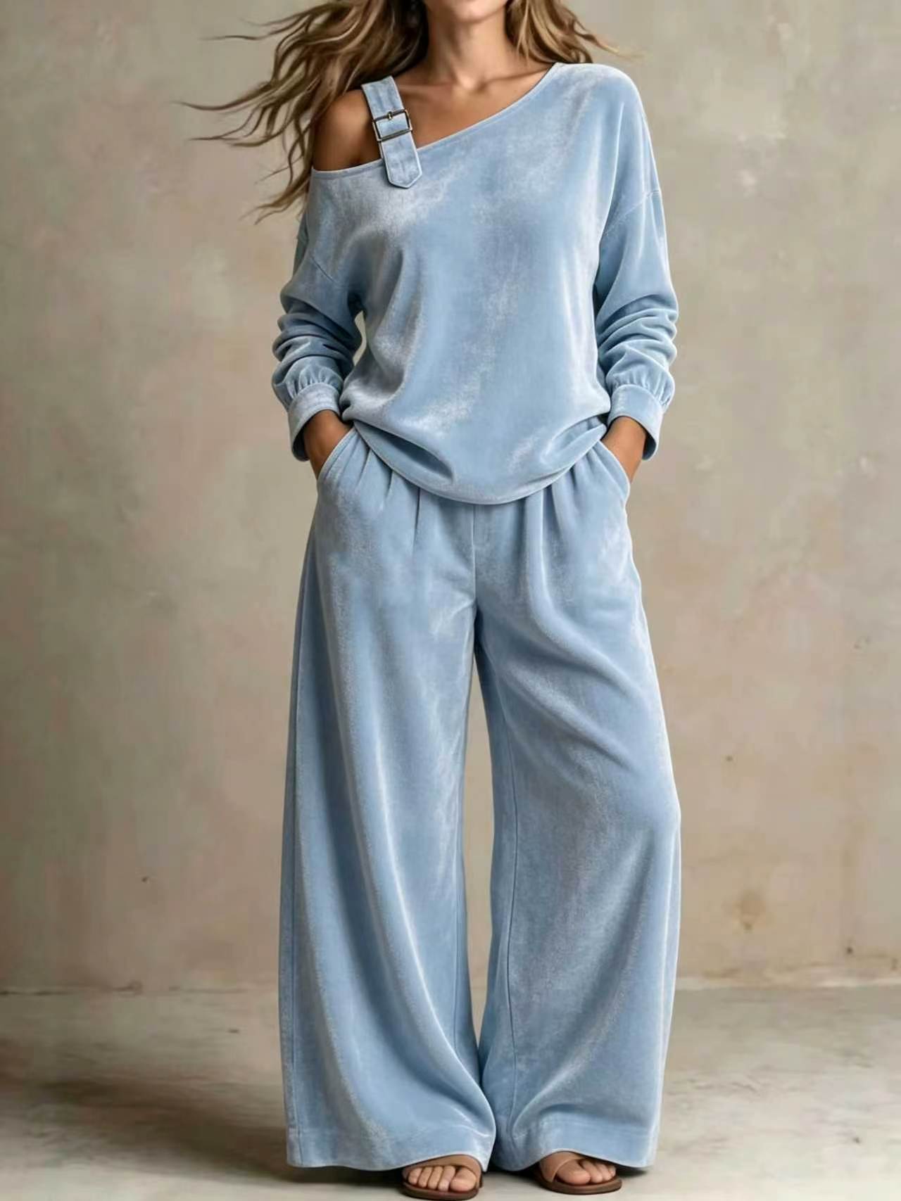 Women's Velvet Off-Shoulder Two-Piece Set, Soft Casual Outfit