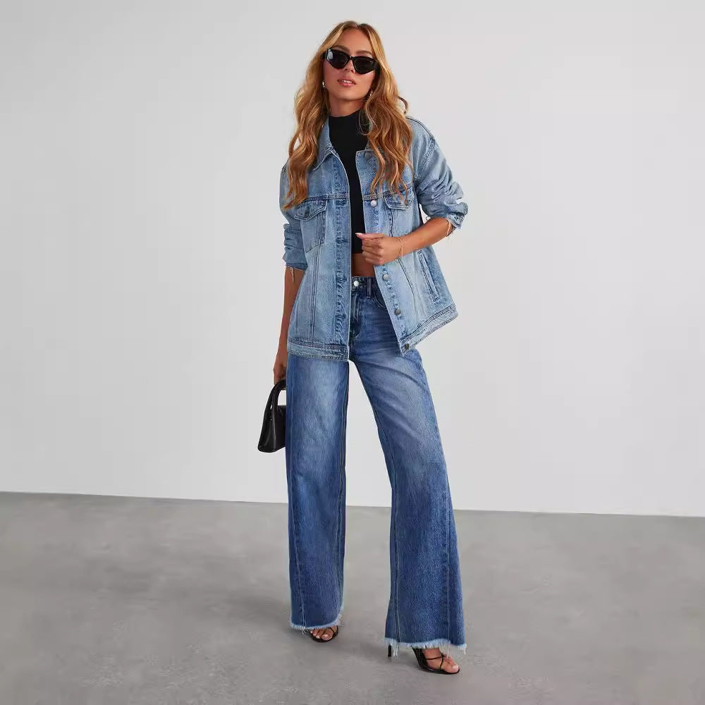 Women's High-Waist Straight Wide-Leg Jeans with Pockets