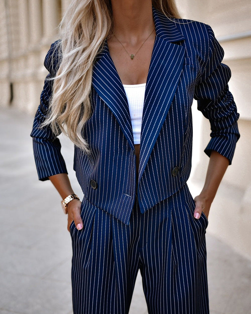 Women's Striped Lapel Cropped Top and Straight Trousers Set